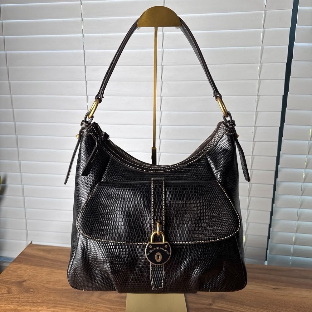 Dooney & Bourke Santorini Lizard Embossed Leather Hobo Shoulder Bag Black - Picture 2 of 14